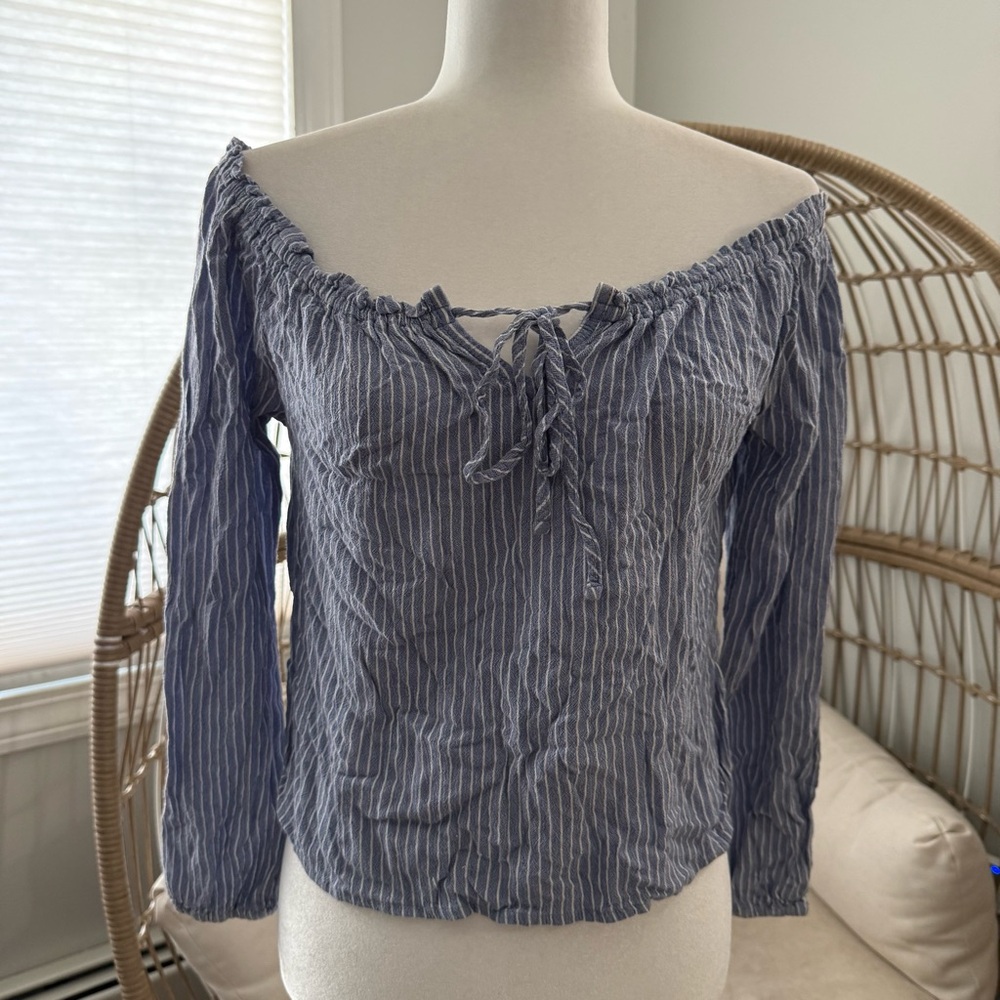 Hollister Off-Shoulder Blue & White Striped Peasant Top S Boho Coastal